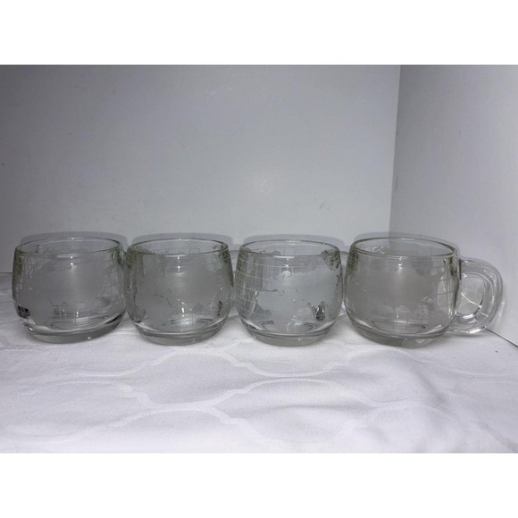 Set If 4 Nestles Nestcafe Etched World Map Coffee Mug Clear Glass Vintage 1970s